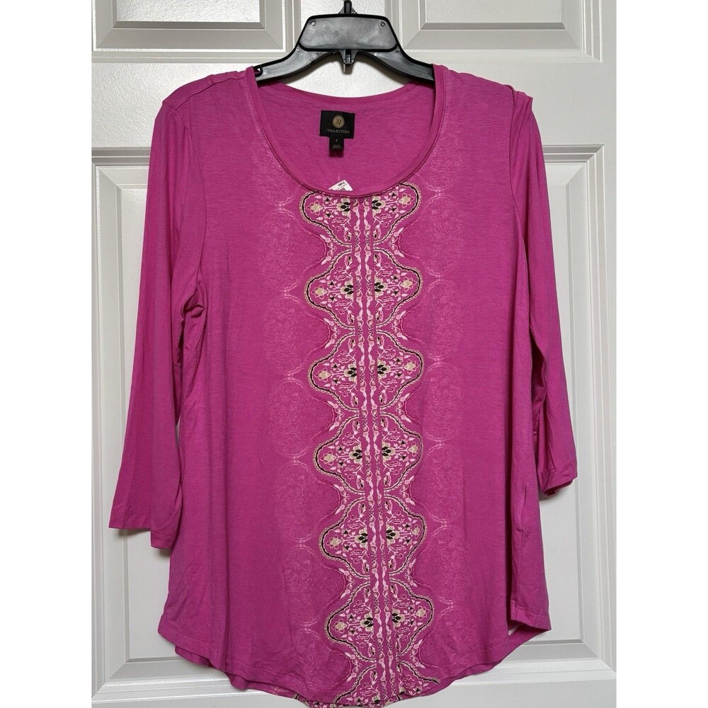 JM Collection Women S Top Tunic 3/4 Sleeve Scoop Neck Pull On Floral Pink/Multi